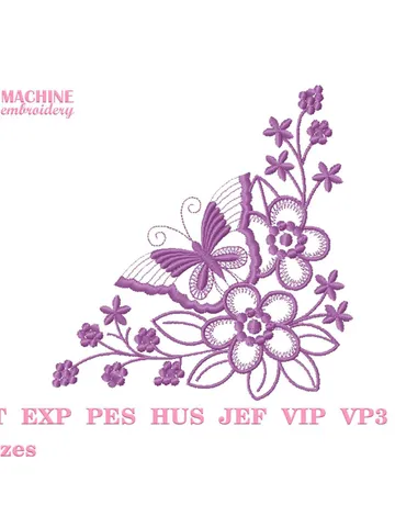 Floral corner embroidery designs Machine embroidery pattern 4 sizes, Embroidery files flower arrangement, Butterfly applique #R15 $3.90