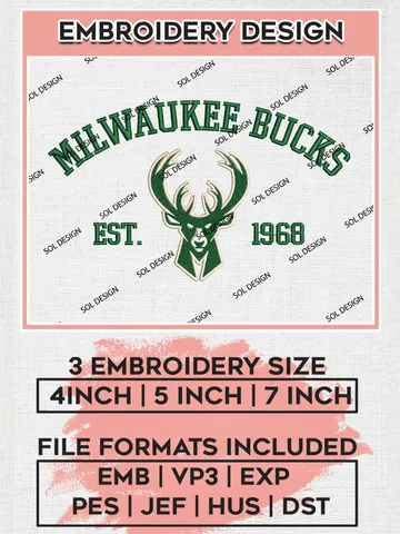 NBA Milwaukee Bucks Basketball Team Est Logo Embroidery Design, NBA Milwaukee Bucks Logo Embroidery Files, Basketball Team Machine Embroidery, Machine Embroidery Design