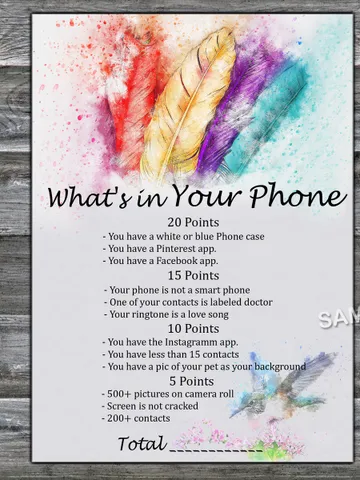 Tribal Feather What's in Your Phone Birthday Party Game,Adult Birthday party game-fun games for her-Instant download
