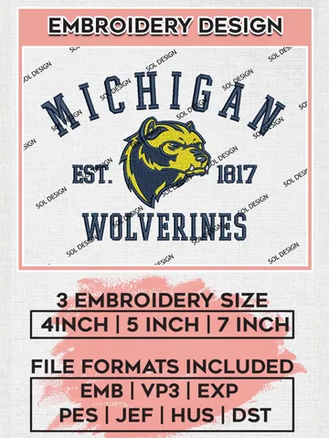 Michigan Wolverines Est 1817 Logo Embroidery Designs, NCAA Michigan Wolverines Team Embroidery, NCAA Team Logo, 3 sizes, Machine embroidery Files, Digital Download $6.99