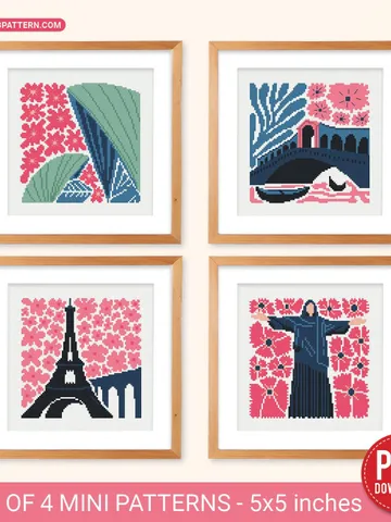 Bundle of 4 mini city Cross stitch patterns contemporary famous architecture Abstract beginner counted modern DIY embroidery instant PDF $10.00