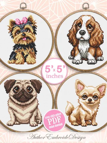 Dog breeds cross stitch pattern PDF download Set of 4 pet cross stitch chart, Needlepoint dog pattern digital PDF, 5 inch cross stitch #K69 $11.80