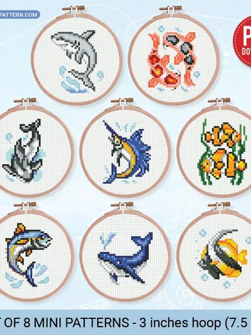 Bundle mini Fishes 8 Cross stitch patterns, contemporary, Abstract, 3 inches, beginner, modern chart, gift DIY, embroidery, instant PDF $11.50