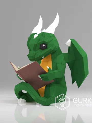 Papercraft Dragon With Book, Digital Template, PDF Download, Gurko, Low Poly, Pepakura, Origami Sculpture, Paper Party Decoration, DIY Gift $31.00