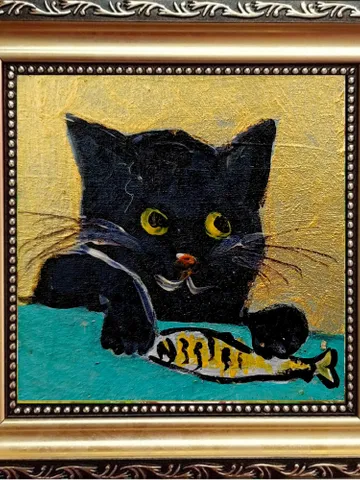 Mini painting a black cat and sardine painting framed 4x4 in Original Handmade painting Gift by ArtProkopaloSv $55.00
