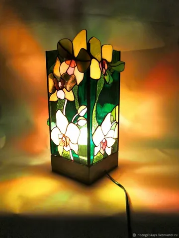 Tiffany Style Orchid Lamp, Stained Glass Orchid Table Lamp, Handmade Floral Glass Lamp, Decorative Tiffany Orchid Light, Art Glass Lamp with Orchids $591.00