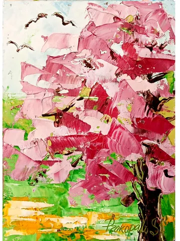 Sakura painting japan garden art original oil painting Small Original art Pink Trees wall art Pink peonies artwork New home gifts 7x5 in $45.00