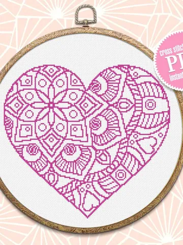 Heart mandala cross stitch pattern download PDF, Mandala heart shaped digital PDF, Heart ornament cross stitch chart, Valentine's Day #M73 $4.50