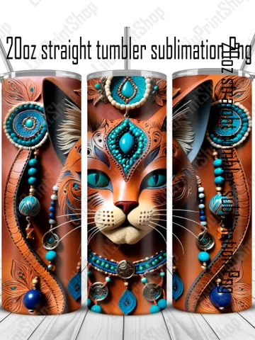 3d Cat tumbler wrap Tribal cat tumbler PNG, Tooled leather Tumbler sublimation designs 20oz skinny straight tumbler Instant download $2.98