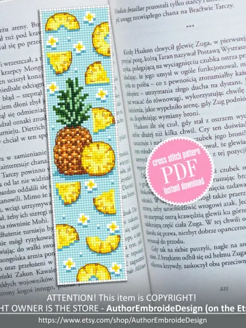 Bookmark pineapple cross stitch pattern PDF download Tropical fruit cross stitch chart, Digital bookmark pattern, Pineapple design #B139 $4.40