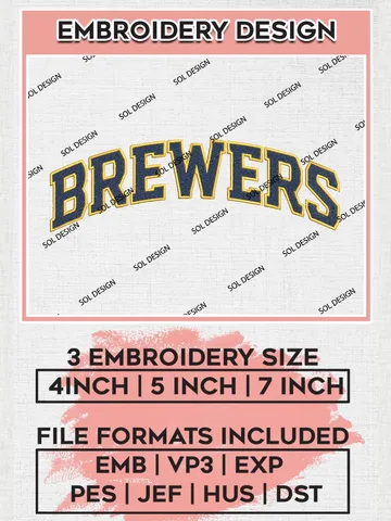 MLB Brewers Wordmark Logo Embroidery Files, MLB Milwaukee Brewers Team Embroidery, MLB Teams, 3 sizes, MLB Machine embroidery designs, Digital Download $6.99