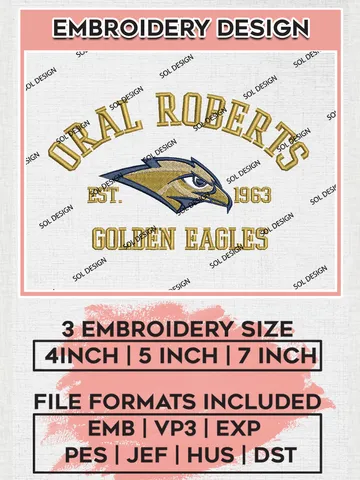 Oral Roberts Golden Eagles Est 1963 Logo Embroidery Designs, NCAA Oral Roberts Golden Eagles Team Embroidery, NCAA Team Logo, 3 sizes, Machine embroidery Files, Digital Download $6.99