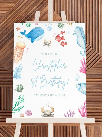 Under the Sea Welcome Sign Printable, Oneder the Sea 1st Birthday Welcome Sign Girl, Ocean Animals Birthday Welcome Sign Blue Purple I107 $9.00