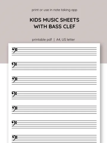Kids printable sheet music. Sheet music with bass clef. Piano staff paper. Blank music paper. Learn piano. $1.00
