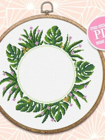 Monstera leaf wreath cross stitch pattern download PDF Greenery frame cross stitch chart, Monstera decor Hoop art design, Your text here #Y3 $4.10