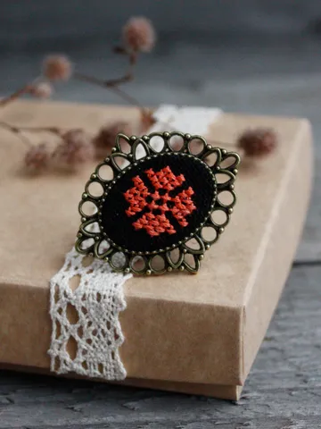 Large statement black orange Ukrainian ring Folk slavic jewelry Custom colors available