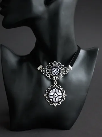 Modern Ukrainian dukach necklace Black white vyshyvanka and namysto accessory Black velvet choker with pendant $59.00