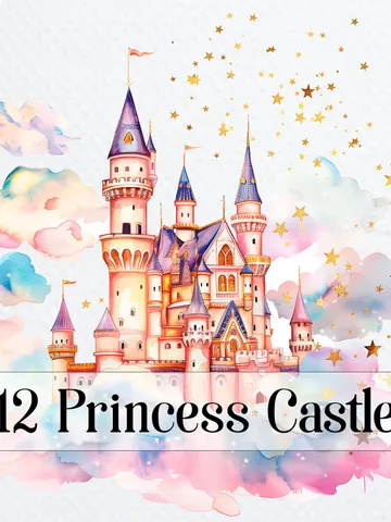 12 Princess Castle PNG Clipart, Watercolor Princess Castle In the clouds and stars for sublimation, Castle   Paper craft, Junk Journals $2.64