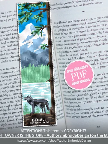 Denali National park bookmark cross stitch pattern PDF download Nature cross stitch chart, Wolf digital bookmark pattern PDF Mountains #B187 $4.40