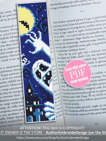 Halloween bookmark cross stitch pattern PDF download Ghost cross stitch chart, Handmade bookmark pattern digital, Spooky Haunted house #B44 $4.40