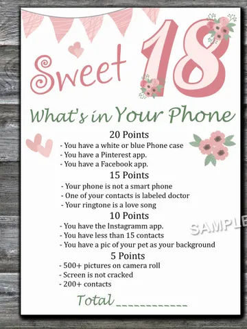 Sweet 18th What's in Your Phone Birthday Party Game,Adult Birthday party game printable-fun games for her-Instant downlo $1.50