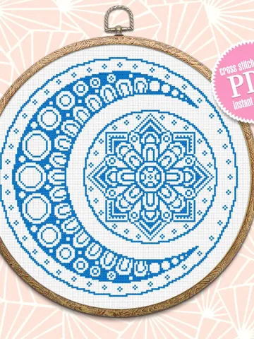 Mandala moon cross stitch pattern download PDF Monochrome mandala digital Floral ornament cross stitch chart Moon embroidery beginners #M39 $4.60