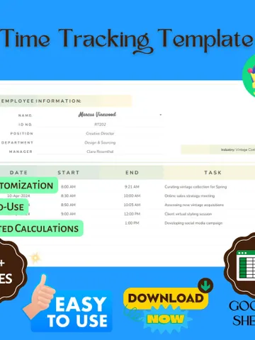 Time Tracking Template, Editable Google Sheets, Employee Work Hours Log, Project Time Management Tool $8.26