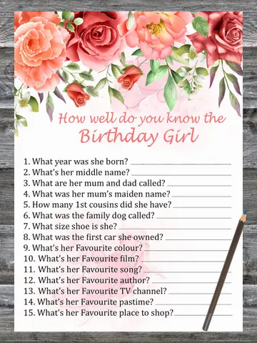 Red Rose Birthday Game How well do you know the birthday girl,Adult Birthday party game-fun games for her $1.75