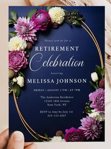 Editable Retirement Invitation for Women, Moody Purple Floral Invite Template, Navy & Gold, Digital Retirement Party Invitation Canva $7.00