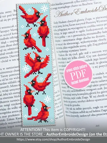 Christmas bookmark cross stitch pattern PDF download Red cardinal cross stitch chart, Bookmark pattern digital PDF, Bird cross stitch #N383 $4.40