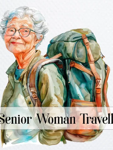 14 Senior Woman Travelling PNG Bundle, Traveller, hiking, Watercolor clipart, High Quality, Paper craft, junk journals $2.64
