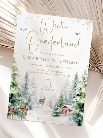 Winter Onederland 1st Birthday Invitation, Snow Woodland 1st Birthday Invite, Winter Onederland, Printable 1st Birthday Invitation - I128 $7.00