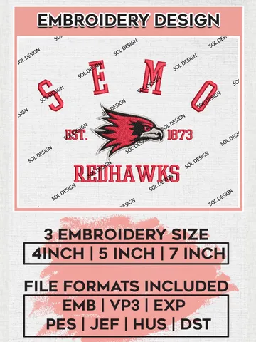 SEMO Redhawks Est 1873 Embroidery Designs, NCAA Southeast Missouri State Redhawks Team Embroidery, NCAA Team Logo, 3 sizes, Machine embroidery Files, Digital Download $6.99
