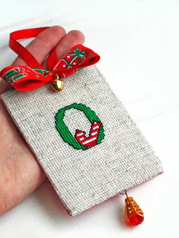 Hand embroidered Initial Christmas ornament monogrammed Personalized linen Christmas tree ornament with bow bell and candy cane Red green