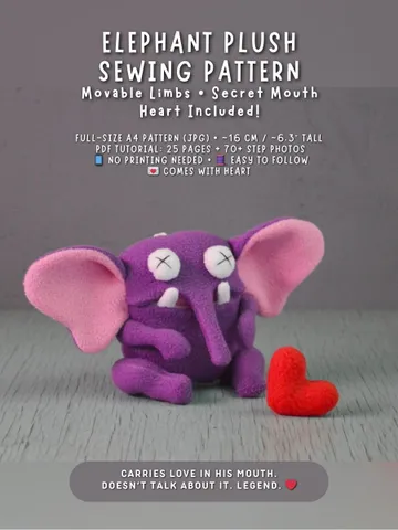 PDF Plush Toy Pattern – Fleece Elephant with Heart Softie $10.00