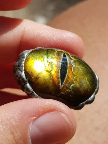 Dragon or snake eye ring Golden Labradorite ring Oil painting miniature on stone $55.00