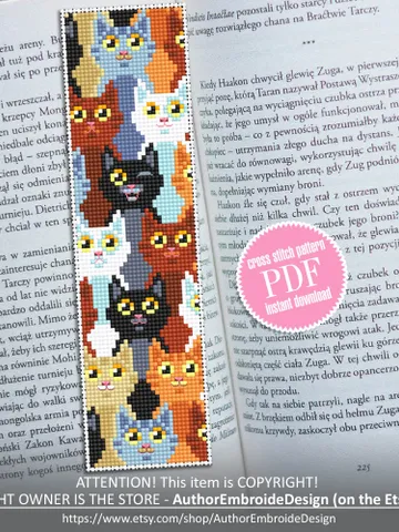 Cat bookmark cross stitch pattern PDF download Funny cats cross stitch chart, Modern handmade bookmark digital PDF, Cat lover gift #B199 $4.40