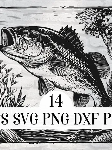 Bass Vector 14 Designs Bundle Fishing SVG files Jumping Bass PNG for Sublimation, Cricut, Fishing Laser Cut, Slate Engraving, Prints $2.99