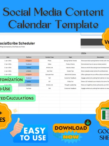 Social Media Content Calendar Template, Monthly Post Planner, Marketing Schedule, Google Sheets Editorial Calendar $6.90