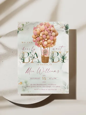 Printable Teddy Bear Hot Air Balloon Baby Shower; We can bearly wait; Girl Baby Shower Invitation; Pink Hot air balloons invitation template $11.62