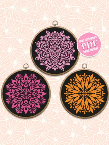Mandala set cross stitch pattern PDF Monochrome mandala pattern instant download PDF, Flower mandala cross stitch chart, DIY Home decor #S46 $11.20