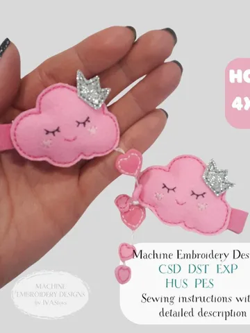 ITH Princess Elephant Hair Clip Design & PDF Tutorial, Felt Crown Heart Bow Pattern, 4x4 Hoop DIY Project File $5.00