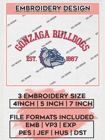 Gonzaga Bulldogs Est 1887 Embroidery Designs, NCAA Gonzaga Bulldogs Team Embroidery, NCAA Team Logo, 3 sizes, Machine embroidery Files, Digital Download $6.99