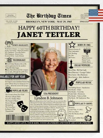 60th Birthday Newspaper Poster Born in 1965 Printable Decor Birthday Gift for Men or Women $15.00