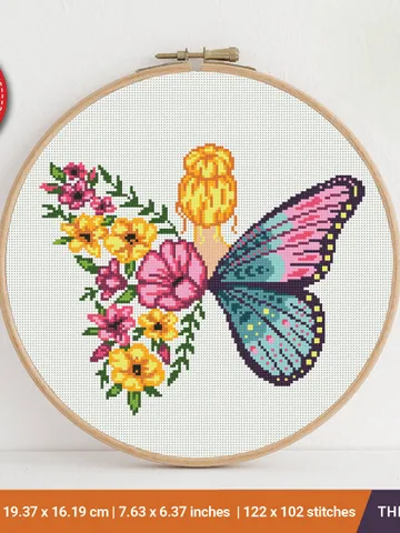 Butterfly Silhouette Woman Flowers cross stitch pattern, Floral decor, Love, counted, chart, gift DIY, embroidery, instant PDF $5.94