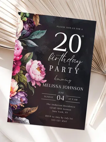 20th Birthday Invitation for women or men – Moody Burgundy & Blush Peony Floral Invitation Elegant Dark Birthday Party Invite Canva Template $7.00