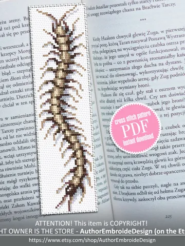 Insect bookmark cross stitch pattern PDF instant download, Spooky centipede cross stitch chart, Easy bookmark embroidery, Insect art #B160 $4.40