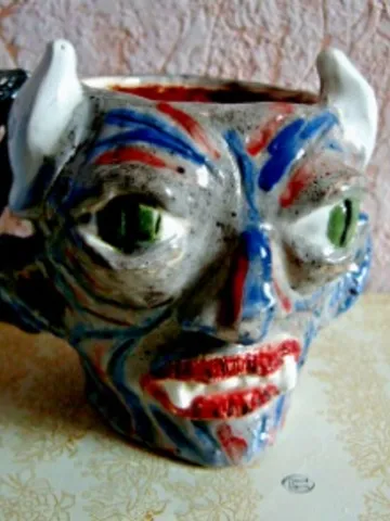 Ceramic Mug Art Face Devil Handmade Stoneware Clay Pottery Glazed Vase $120.00