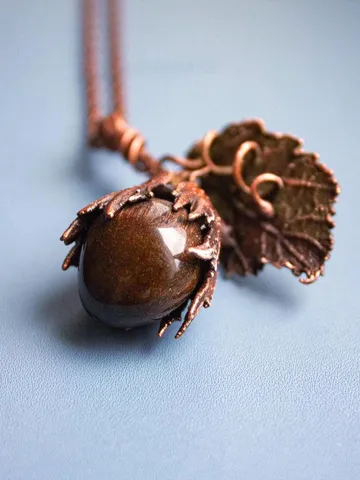 Unique handmade electroformed pendant made of natural leaves and twigs with natural tiger eye stone $58.00