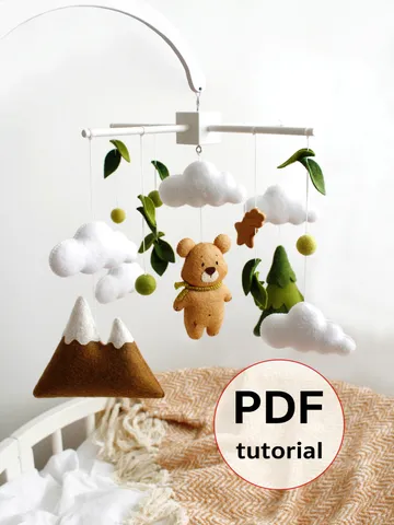 Felt woodland bear with clouds, spruce tree and mountain baby crib mobile hand sewing PDF tutorial with patterns. DIY forest nursery baby cot decoration $17.50